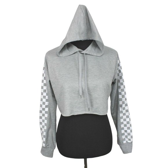 Crop Hoodie Checkerboard Sweatshirt size M Gray White Cropped - Picture 1 of 3